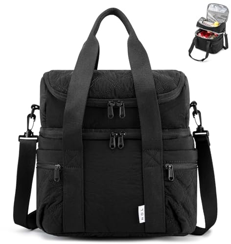 NOL Natural Organic Lifestyle Lunch Bag for Women - Large Double Deck Insulated Lunch Box Leakproof Reusable Lunch Cooler Puffer Lunch Tote Bag with Multiple Pockets for Work Picnic, Black