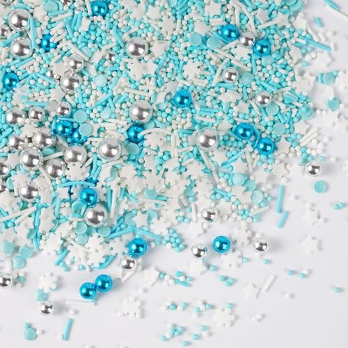 Sujoygar Streusel Snow Queen Snowflakes as Elsa Cake Decoration, 130g Essbare Blau Zuckerstreusel für Kuchen, Cupcakes and Plätzchen Christmas Party Kuchendekorationen