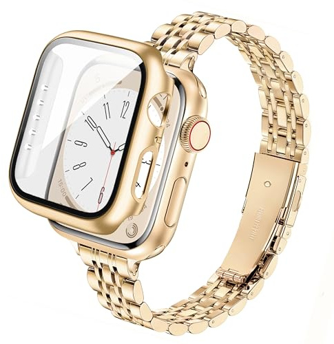 wipalor Slim Stainless Steel Straps with Case Compatible with Apple Watch Straps Women 44mm, Ladies Metal iWatch Strap and Cover with Screen Protector for Apple Watch Strap Series SE 6 5 4, Gold