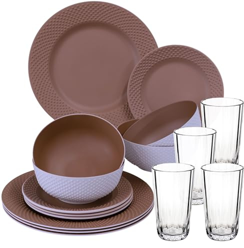 Melamin Geschirrset für 4 Personen - 16 Teile elegante Steingut Optik im warmen Rosé Ton - mit klarem Trinkglas 300ml - Campinggeschirr Geschirrset Tafelgeschirr Spülmaschinengeeignet Outdoor Camping