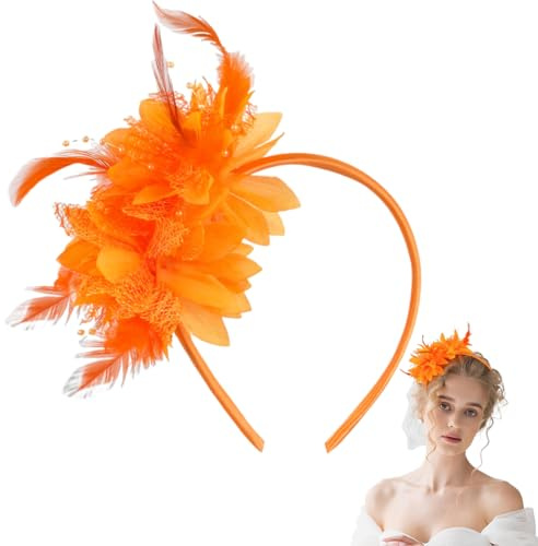 YUVKIN Feder Haarreif mit Künstlichen Blumen, 1920er Fascinator Kopfschmuck für Damen, 20er Jahre Stirnband für Karneval Cocktail Hochzeit Tee-Party Accessoires Carnival (Orange)
