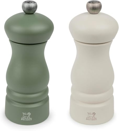 PEUGEOT – Duo Clermont – Pfeffermühle + Salzmühle 13 cm – Klassische Einstellung – Buchenholz – Farben: Fougère-Grün & Federweiß