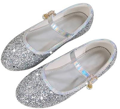 Scarpe con glitter per ragazze, scarpe da ballo con tacco basso, con paillettes lucide, eleganti, tinta unita, per cosplay, feste, principesse, chiusura in, argento, 30 EU