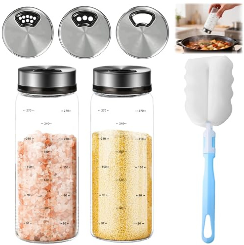 2 Stück 300ml Gewürzstreuer Salzstreuer mit Reinigungsbürste, Borosilikatglas Gewürzgläser mit Drehdeckel Edelstahl, Gewürzstreuer Glas mit 4 Arten Gewürzlöchern Gewürzdose für Küche Grill