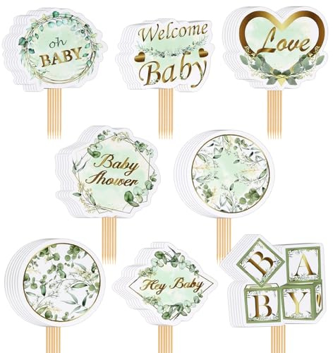 Babyparty Deko Set 48 Stück - Cupcake Topper & Tortendeko mit | Kuchen Deko für Baby Shower, Taufe & 1. Geburtstag | Theme Party Dekoration für Jungen & Mädchen (Grüne Pflanzen)