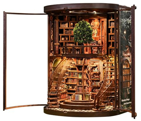 Buchecken-Kits für Erwachsene - DIY Miniatur Bibliothek mit LED-Licht, 3D Holzpuzzle Buchstütze Bücherregal Einsatz Bastelset, Weisheitsring Bibliothek Modell für Wohnkultur & Geschenke