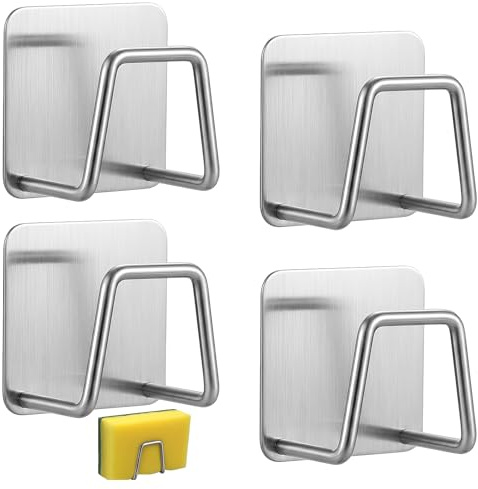 4 Piezas Soporte Estropajo Fregadero de Acero Inoxidable, Porta Estropajos Fregadero Autoadhesivo, Organizador Fregadero Cocina para Esponjas y Trapos, Accesorios Fregadero Sin Taladro, Plata