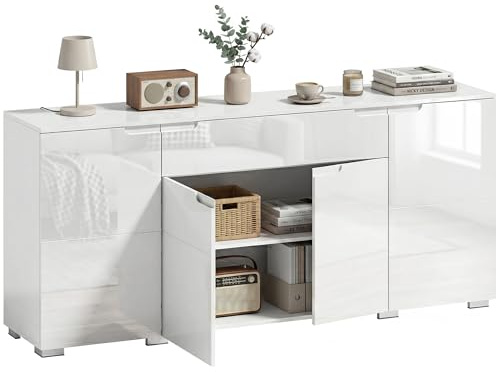 HOMCOM Kommode mit 1 Schublade 4 Soft-Close-Türen 180x40x80 cm Weiß | Sideboard, Verstellbarem Einlegeboden, Hochglanz TV-Ständer Aufbewahrungsschrank, Wohnzimmer, Schlafzimmer