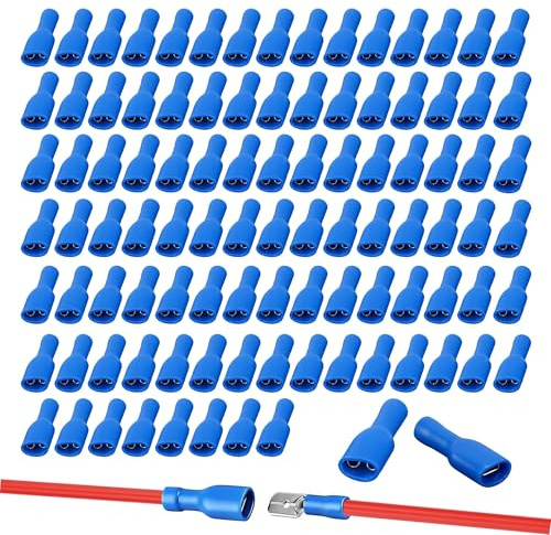 Bansusu 100Pcs Blue 6.3mm Female Fully Insulated Crimp Spade Connector | 14-16 AWG Wire Cable Electrical, Superior Conductivity and Durability Blue Spade Connector Insulated Crimp Terminals