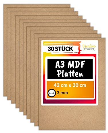 Creative Deco 30 x A3 MDF Platten | 420 x 300 x 3 mm | Dünne Holz-Platten | Perfekt für Laser, CNC Router, Modellierung, Durchbrochenes, Laubsäge