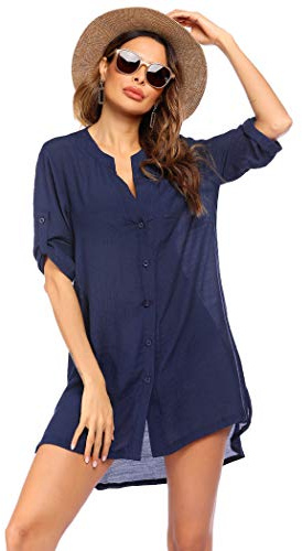 Ekouaer Strandkleid Damen Luftig Strandponcho Badeanzug 3/4 Ärmel Strand Bademode Strandtunika Sexy Bikini Cover Up V-Ausschnitt, Navyblau, M