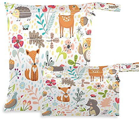 2pcs windeltasche Wet bags Wasserdicht Niedlich Wald Tier Fuchs Hirsch EuleBlumen- Nasstaschen wiederverwendbar Wasserdicht Waschbar Organizer Beutel für Kleinkind Windeln Reisen Gym Strand Pool
