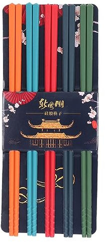 Essstäbchen Set, 24 cm, wiederverwendbar, 5 Farben, Silikon, Edelstahl, japanische Essstäbchen, Anti Rutsch Stäbchen aus Silikon, Geschirr Set zum Kochen und Essen