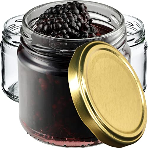 KADAX Barattoli Ermetici di Vetro da 200 ml, Vassetti Piccoli con Coperchio a Vite per Conserve di Frutta, Marmellate e Miele (Set di 10, Oro)