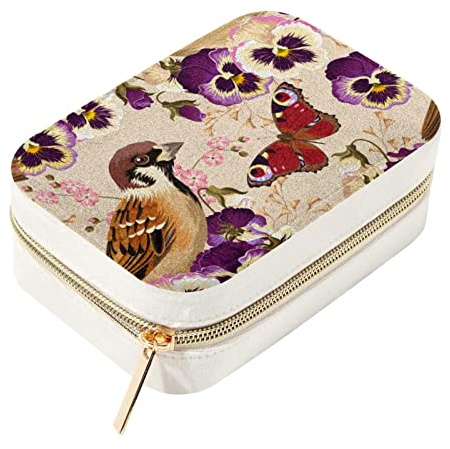 Anna Cowper Jewelry Organizer Box Double Layer Portable Small Travel Jewelry Case for Earrings Rings Necklaces, Pansy Bird