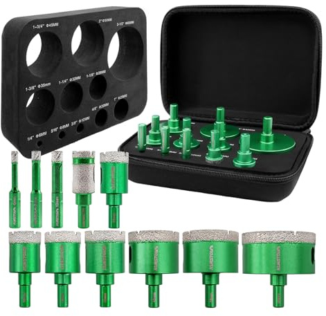 KURSTOL Brocas Diamante Porcelanico Kit 11 Piezas 6/8/10/25/28/32/35/45/50/65mm Brocas, 20mm Fresa Vástago Triangular - para Azulejo de Cerámica Porcelana Mármol Granito