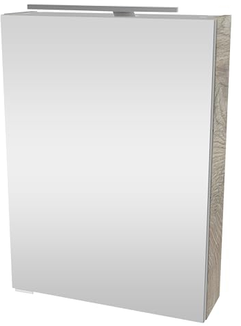 FACKELMANN Stanford Spiegelschrank mit LED-Beleuchtung – Alibertschrank für Bad und Gäste-WC (50 x 68 x 15,3 cm) – SBC Badschrank mit Spiegel in Holz Braun – Tür rechts