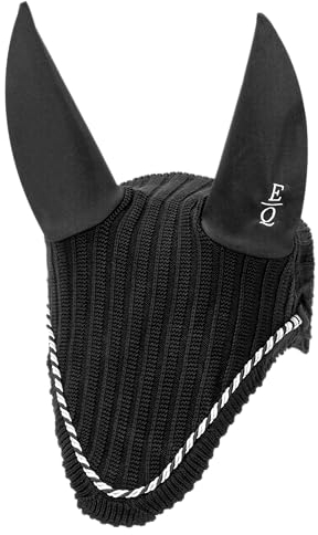 EQUESTRIAN QUEEN Fliegenohren Pferd – Fliegenhaube aus Baumwolle mit EQ-Stickerei und Kordel – Ohrenschutz für Pferde – Atmungsaktive Fliegenmaske mit elastischen Ohren (Schwarz, Warmblut)