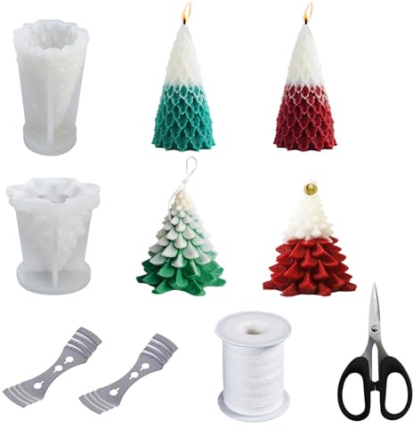 CONNECTION 2 Molde de Vela de Árbol de Navidad Moldes de Silicona para Velas 3D Moldes para Velas de Navidad con Mechas de Vela Soportes de Mecha Tijeras para Artesanías Velas Perfumadas Decoración