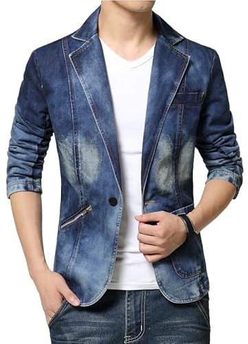 LIUYUYOUGO Giacca Uomo Casual Blazer da Uomo Elegante Casual Giacca da Abito in Denim Blu Lavato Jeans Sbiaditi Cappotto Moda Slim in Cotone Denim Blazer Autunno Un Bottone Cappotti Sportivi con Tas