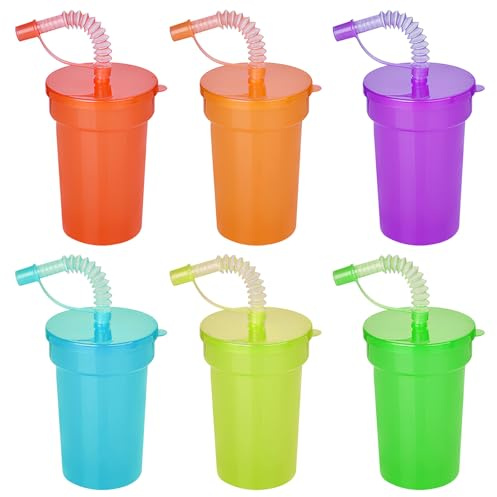 UOCAI 6 pezzi bicchieri con coperchio e cannuccia,bicchieri plastica bambini 6 colori, bicchieri con cannuccia e coperchio, bicchieri con cannuccia riutilizzabili per bambini e adulti (380ML)
