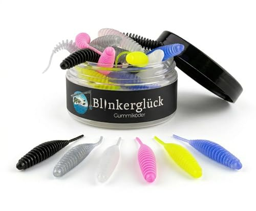Blinkerglück Troutworm 6 cm – 18 Stück im wiederverschließbaren Tiegel – Softbait Forellenwurm mit feinen Lamellen – Handmade in Germany – 6 Farben, optional Knoblauch- oder Käse-Aroma
