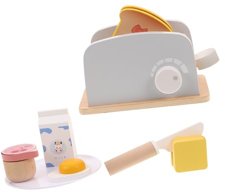 minkissy Wooden Toaster for Preschoolers with Pretend Breakfast Accessories Montessori Kitchen Playset Including Toast Butter Jam Fried Eggs Wooden Kitchen Utensils for Fine Motor Skill