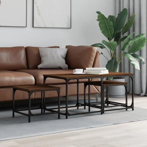 Keeushr 3-teiliges Satztisch-Set aus Holzwerkstoff in Braun mit Eichen-Optik, Industrielles Design Couchtisch-Set für Wohnzimmer, Schlafzimmer oder Büro, Langlebiges Material