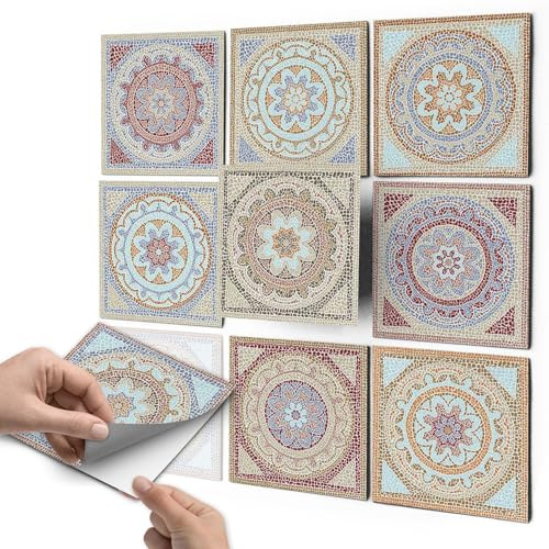 Fliesenaufkleber für Bad Deko u. Küche - CREATISTO Fliesensticker I Mosaikfliesen - Vinyl Fliesensticker I Dekorative Fliesenfolie für Wandfliesen I 10x10 cm - Motiv Mosaik Afrika - 18 Stück