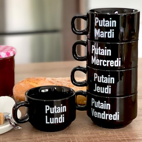 fisura. - Lot tasses à café originales p*tain de semaine. Tasses à café noires avec message pour chaque jour de la semaine. Lot de 5 mugs amusants en céramique.