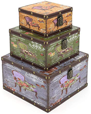 Jolitac Wood Storage Box Set of 3, Vintage Decorative Nesting Boxes Wooden Treasure Storage Crates With Latch, Home Decor Rustic Antique Boxes With Lid for Photos, Jewelry, Cash (Chair)