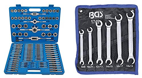 BGS 1900 | Gewindeschneid-Satz | 110-tlg | M2 - M18 | metrisch | speziell für Feingewinde | inkl Kunststoff-Koffer & 1745 | Offener Doppel-Ringschlüssel-Satz | 6-tlg | SW 8 x 9-18 x 19 mm