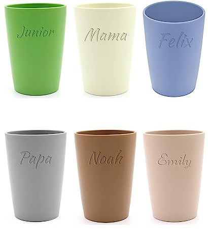 Magu 6 Personalisierte Becher aus Biopolymer (100% Erdölfrei) mit Namen | 6er Set Trinkbecher + Individuelle Namensgravur Zahnputzbecher Natur Design 6 Stück bunt gemischt