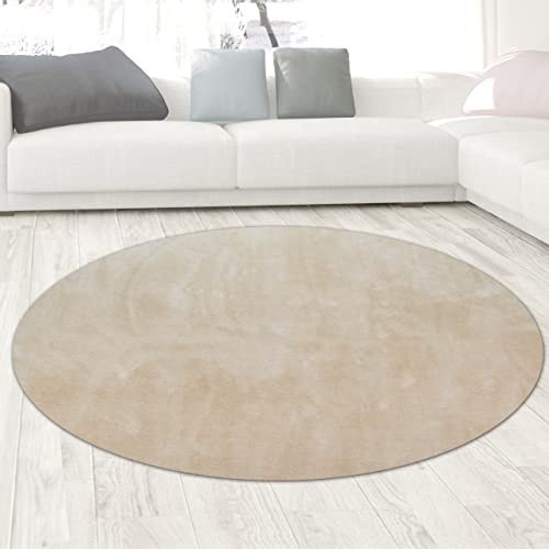 CARPETIA Weicher Teppich Rund Uni Waschbar rutschfest Beige Ø 120 cm | Flauschig, waschbar, rutschfest, pflegeleicht und langlebig, für Wohnzimmer, Schlafzimmer, Flur & Badezimmer