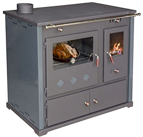 + Kaminofen mit Backfach und Herdplatte Pracktik Lux Anthrazit RAL 7016 LINKS Holzofen 9,5 kW Kamin Ofen Dauerbrandofen Werkstattofen Schwedenofen Hüttenofen Heizofen