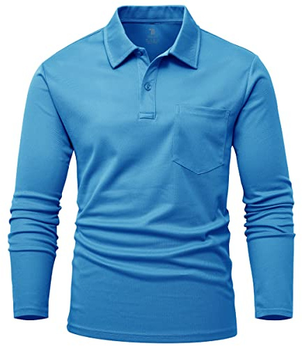 Rdruko Mens Long Sleeve Golf Polo Shirts with Chest Pocket, Azure Blue L