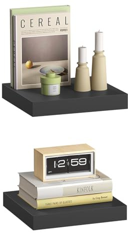 eSituro Wandregal, schwebendes schwarzes Regale für Wandmontage, 2er-Set Schweberegal Hängeregal Wandbrett im Wohnzimmer Schlafzimmer Küche Badezimmer, 25x3,8x22,9 cm | für Wohnzimmer Schlafzimmer Küche Badezimmer, Schweberegal hängend, mit unsichtbarer Halterung
