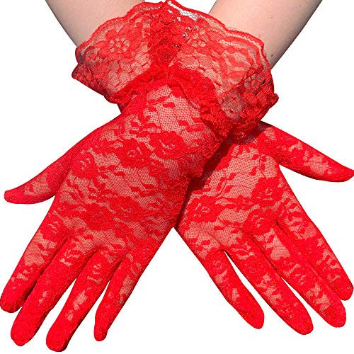 Duories Spitzenhandschuhe Lace Tüll Handschuhe,Kurze sexy Spitzenhandschuhe,Brauthandschuhe aus Spitze mit Sonnenschutz,Sommer-Brauthandschuhe,Für Hochzeiten Bankette Bälle Abende Partys,Rot