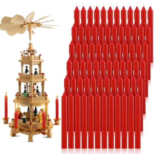 Amyhill 72 Pcs Christmas Pyramid Candles for Christmas Tree 4 Inch x 1/2 Inch Red Xmas Tree Traditional Small Taper Candles Pyramids Carousel Chimes Decorations, Solid Color