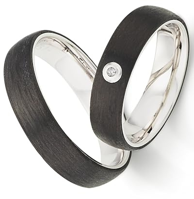 123traumringe Eheringe in 925 Silber & Carbon I Partnerringe mit Brillant & Etui I Gravierbare Eheringe mit Ringgröße 50-70 mm I Hochwertige Verlobungsringe mit mattierter Oberfläche I P7