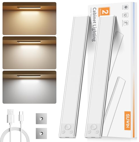 SUWIN Skåpbelysning LED med rörelsedetektor, batteri USB uppladdningsbar dimbar inbyggd lampa kök, LED-ljuslist för garderob, trappa, spegel, vägg – 2 stycken