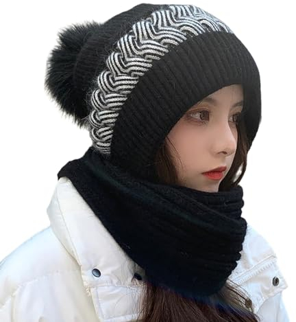 Mütze Damen Warme Ohrenschützer Strickmütze Damen Beanie Mütze und Schal Einteiliges Winter Einfarbig Halstuch Damen Bequeme Wintermütze Elastische Laufmütze Damen Thermo Fahrradmütze Kapuzenschal