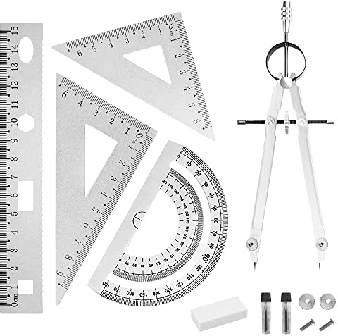 YAANBUNB Geometrie-Set, Aluminiumlegierung, Lineal-Set, Geometrie-Kompass-Set, Mathematik-Lineal, Geometrie-Werkzeug-Set mit Lineal, Winkelmesser, Kompass und Radiergummi für Schule, Studenten,