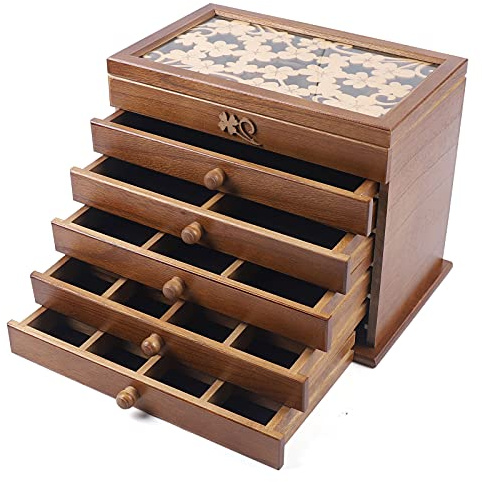 Schmuckkästchen aus Holz für Frauen, Schmuckaufbewahrung, 3 Ebenen Schmuckschatulle, Schmuckkasten Groß, Massivholz-Organizer, Aufbewahrungsbox mit Deckel