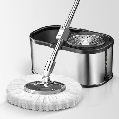 JUNYFFF Lavapavimenti Rotante con Secchio, Mop Scopa con 6 Testine in Microfibra, Spin Mop Professionale per Pulizia Pavimenti, per Acciaio Inossidabile Mop Adatta A Tutti Tipi di Paviment, Argentato