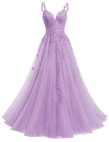 Beyonddress Robe de soirée longue en tulle pailletée - Avec col en V - Pour femme, lilas, 42