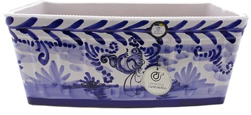 CERÁMICA RAMBLEÑA | Jardinera Rectangular Exterior Decorado Montería Azul - Modelo J02 | 100% Decorada a Mano | Para Balcón | 41x19x18 cm