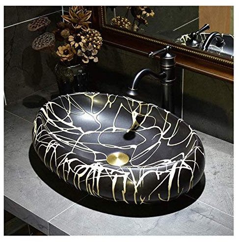 Mobile lavabo con lavabo, lavabo da Bagno lavabo lavabo da appoggio, lavabo da Bagno Nero 21x14 Pollici lavabo Europeo Vintage Ovale sopra Il bancone lavabo in Ceramica Porcellana