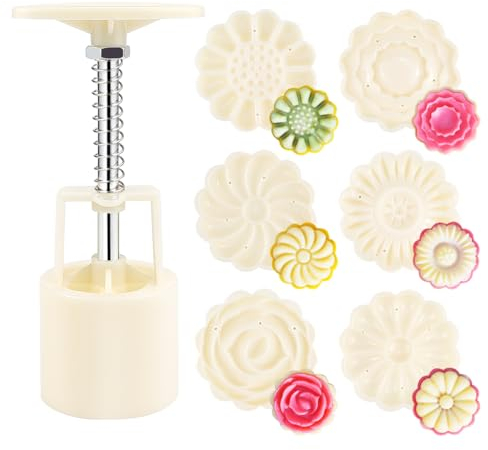 FERCAISH Briefmarken Mondkuchen-Form mit 6, Mooncake Mold Press, 1 Satz Mooncake Form, Moon Cake Mould Set, 50g Blumen-Pressformen, für Kekse Dessert Backen DIY Mond Kuchen (Beige)