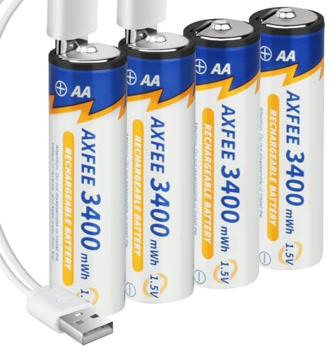 AXFEE Wiederaufladbare AA Akku, 4 Stück 1.5V 3400mWh | USB-C AA Akkus mit 2-in-1 Ladekabel, Wiederaufladbare Batterien AA, 1H Schnellladung, 1500 Zyklen